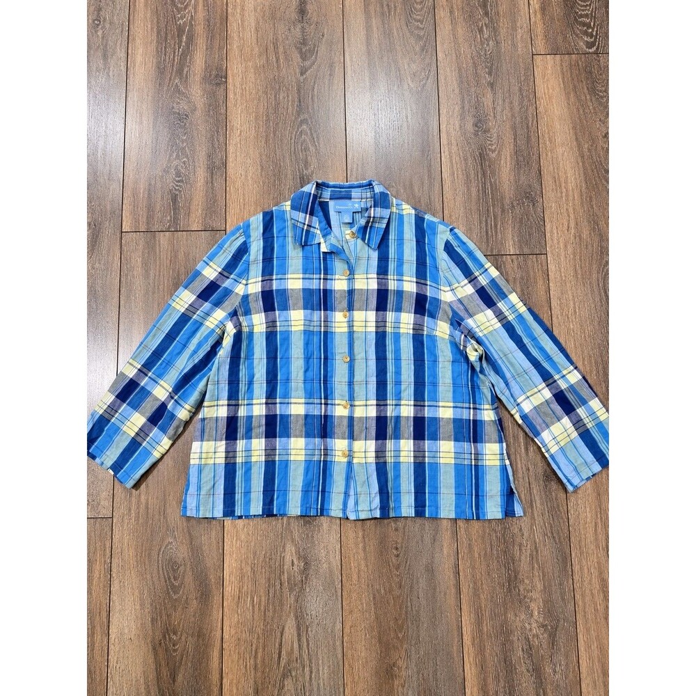 Evan Picone Womens 3X 100% Linen Blue Yellow Plaid Button Up Shirt Plus Size